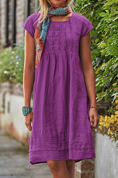 Rochie casual cu decolteu rotund, model patchwork, mâneci scurte și silueta A