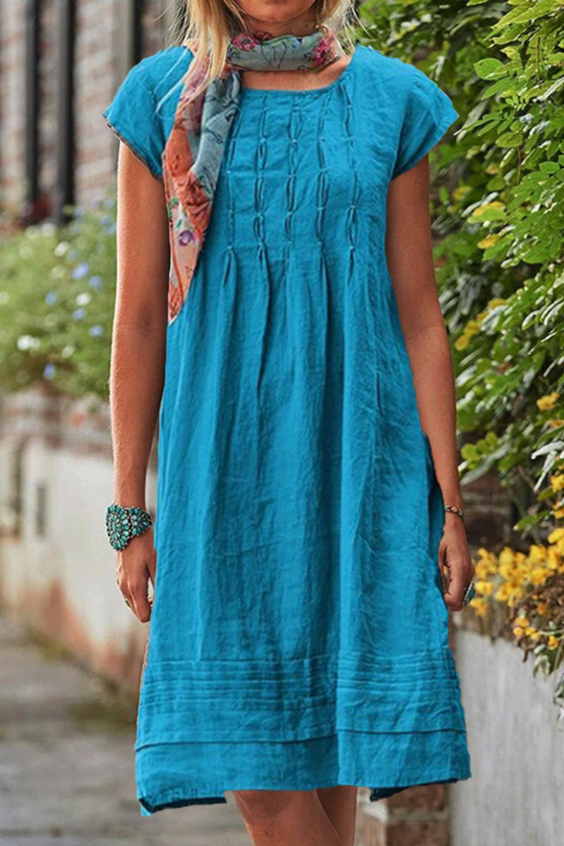 Rochie casual cu decolteu rotund, model patchwork, mâneci scurte și silueta A