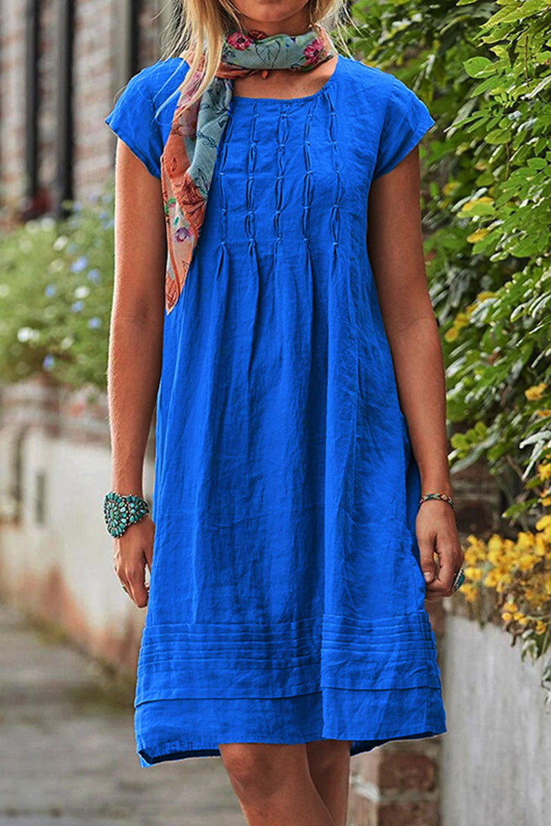 Rochie casual cu decolteu rotund, model patchwork, mâneci scurte și silueta A
