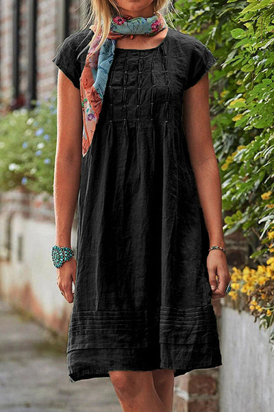 Rochie casual cu decolteu rotund, model patchwork, mâneci scurte și silueta A