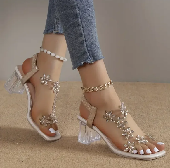 Sandalii cu toc lat cu flori și strass pentru femei 