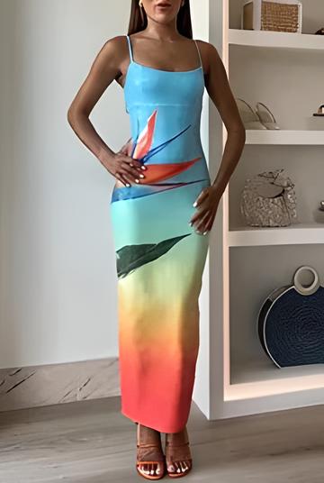 Rochie maxi cu imprimeu floral unic, degradat și fantă, cu străluciri