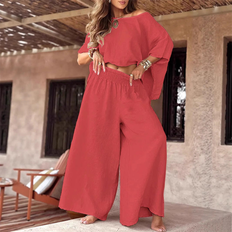 Set casual pentru femei: top cu umeri descoperiți și pantaloni largi