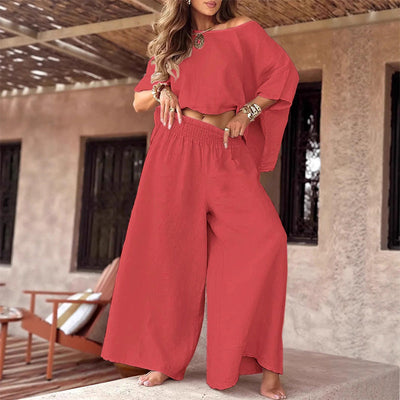 Set casual pentru femei: top cu umeri descoperiți și pantaloni largi