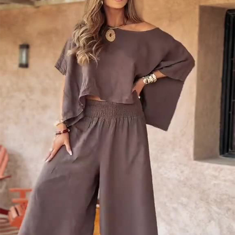 Set casual pentru femei: top cu umeri descoperiți și pantaloni largi