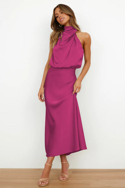 Rochie Coralia – Lungă din satin cu decolteu halter