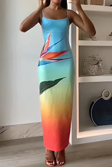 Rochie maxi cu imprimeu floral unic, degradat și fantă, cu străluciri