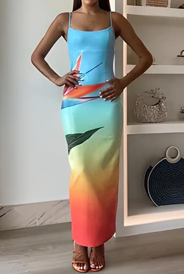 Rochie maxi cu imprimeu floral unic, degradat și fantă, cu străluciri