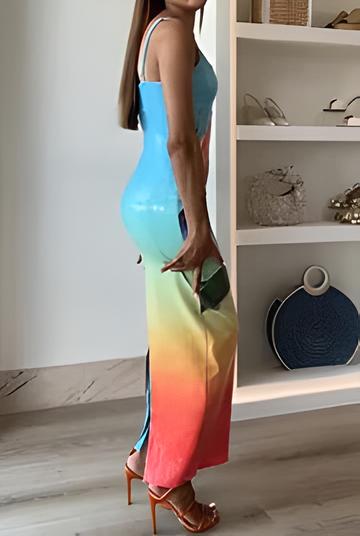 Rochie maxi cu imprimeu floral unic, degradat și fantă, cu străluciri