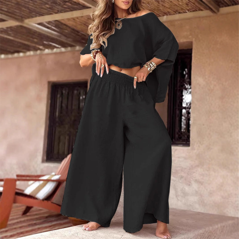 Set casual pentru femei: top cu umeri descoperiți și pantaloni largi