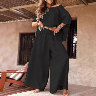 Set casual pentru femei: top cu umeri descoperiți și pantaloni largi