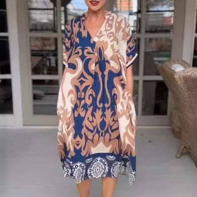 Rochie midi largă cu decolteu în V și imprimat 