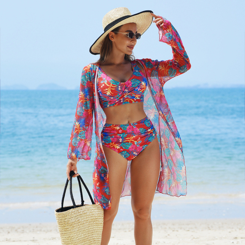 Costum de baie sexy cu imprimeu pentru femei, set de 3 piese
