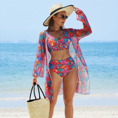 Costum de baie sexy cu imprimeu pentru femei, set de 3 piese