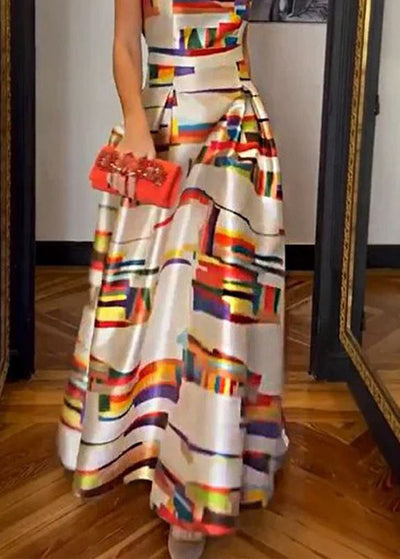 Rochie lungă din mătase, fără mâneci, cu talie înaltă și imprimatur alb nou