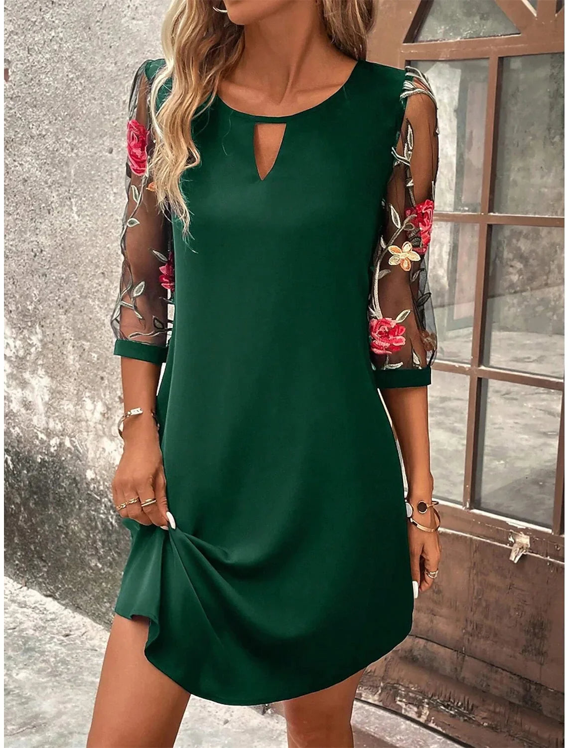 Rochie de lux pentru femei cu imprimeu, mânecă trei sferturi și guler rotund