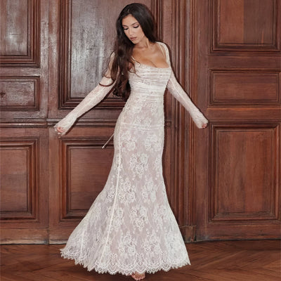 Rochie lungă din dantelă cu șnur