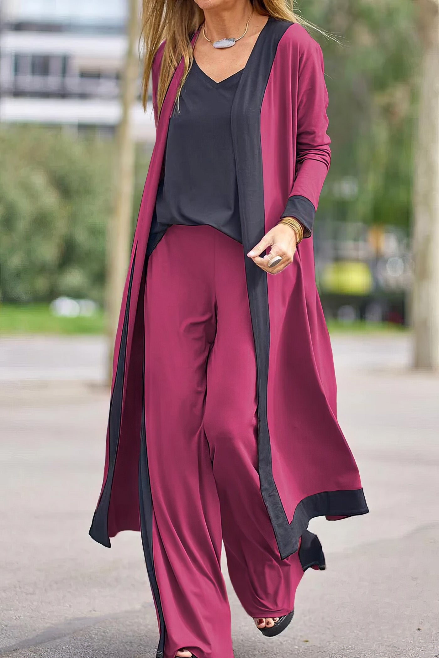 Ansamblu 3 piese pentru femeie: cardigan, top și pantalon large 